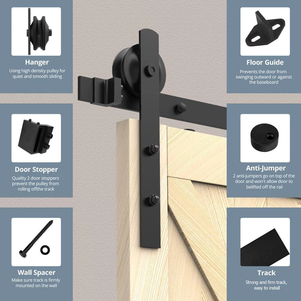 Movisa 96 in. Matte Black I-Shaped Sliding Double Barn Door Kit with Floor Guides 5 Movisa 96 in. Matte Black I-Shaped Sliding Double Barn Door Kit with Floor Guides - Image 5