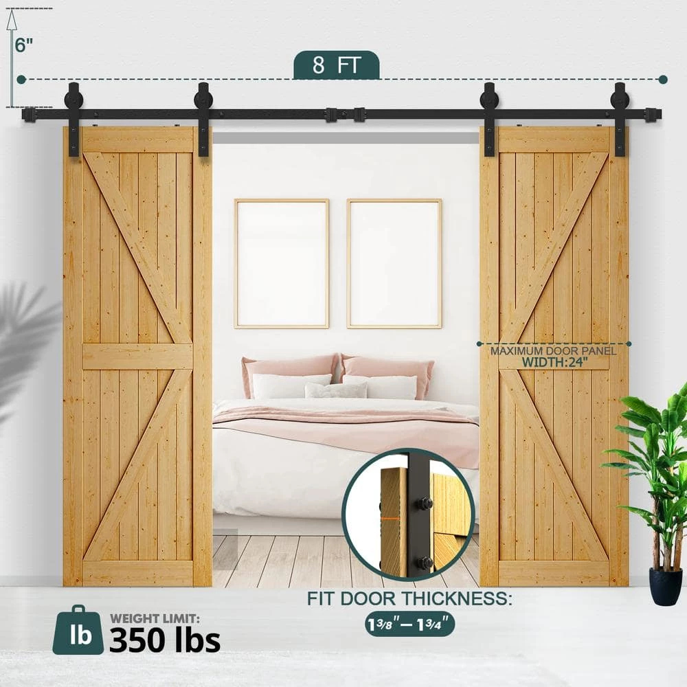 Movisa 96 in. Matte Black I-Shaped Sliding Double Barn Door Kit with Floor Guides 3 Movisa 96 in. Matte Black I-Shaped Sliding Double Barn Door Kit with Floor Guides - Image 3