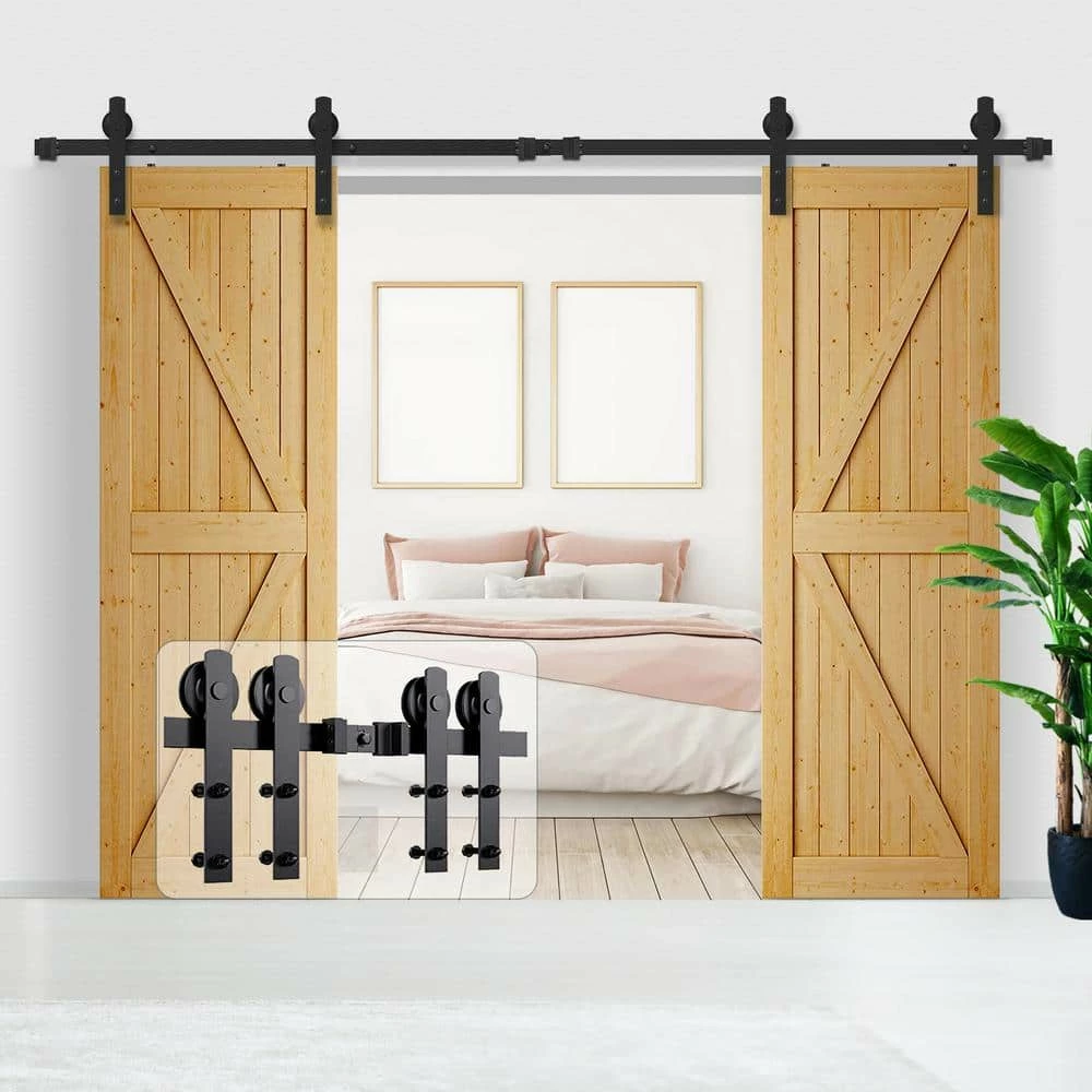 Movisa 96 in. Matte Black I-Shaped Sliding Double Barn Door Kit with Floor Guides 2 Movisa 96 in. Matte Black I-Shaped Sliding Double Barn Door Kit with Floor Guides - Image 2
