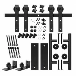Movisa 10 ft./120 in. Matte Black J-Shaped Double Barn Door Hardware Kit with 2 Handles