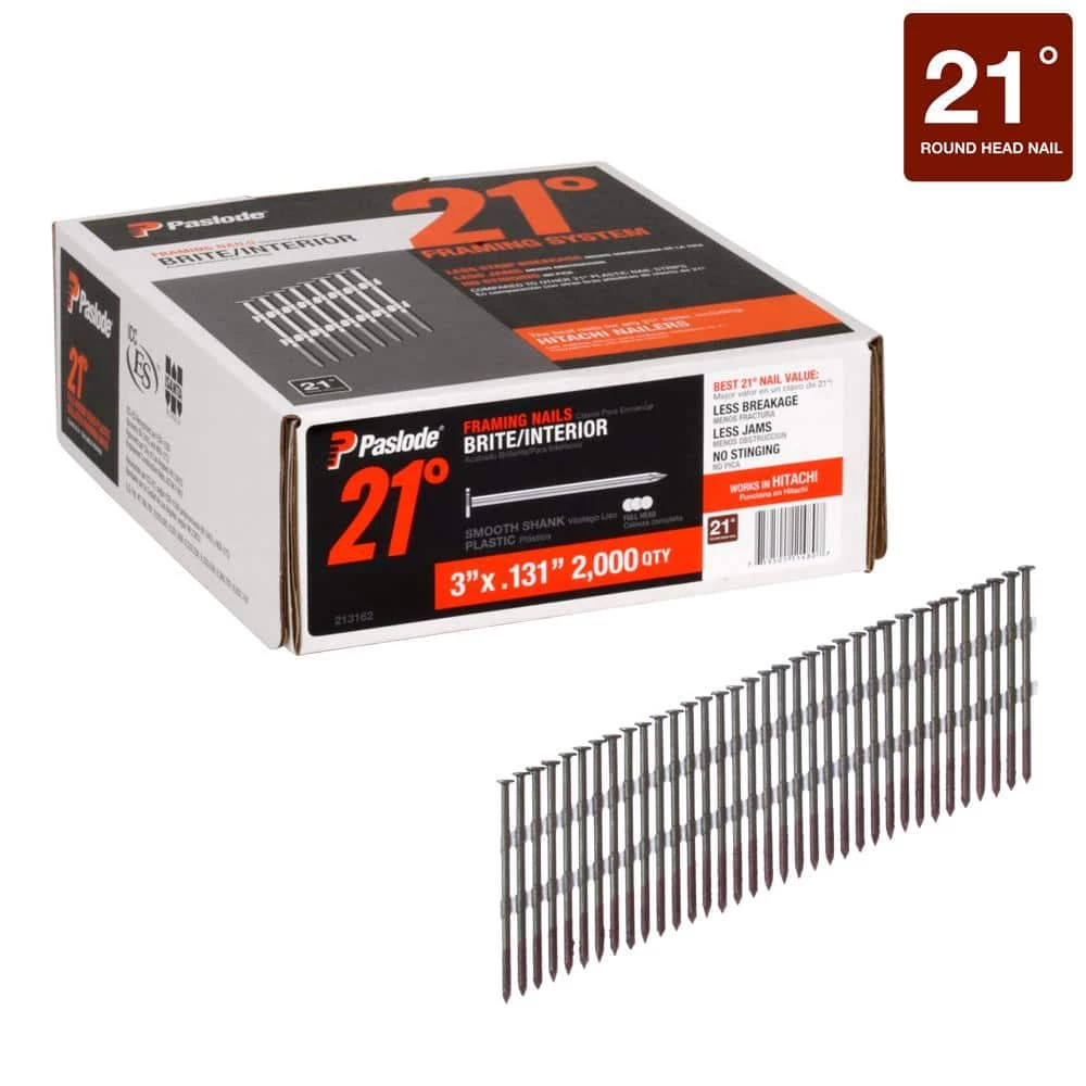 Paslode 3 in. x 0.131-Gauge 21-Degree Brite Smooth Shank Plastic Collated Framing Nails (2000 per Box) 1 Paslode 3 in. x 0.131-Gauge 21-Degree Brite Smooth Shank Plastic Collated Framing Nails (2000 per Box)