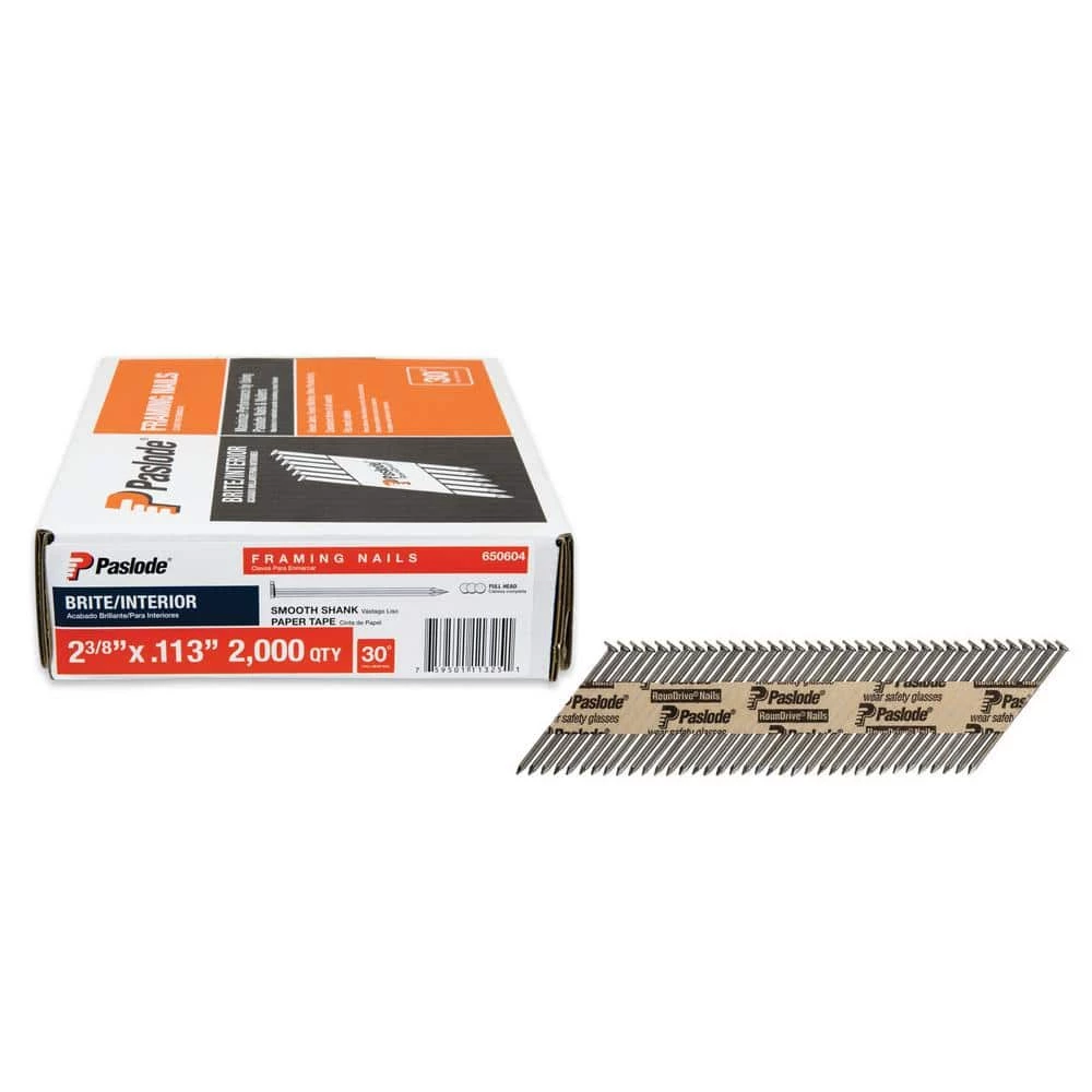 Paslode 2-3/8 in. x 0.113-Gauge 30-Degree Brite Smooth Shank Paper Tape Framing Nails (2000 per Box) 1 Paslode 2-3/8 in. x 0.113-Gauge 30-Degree Brite Smooth Shank Paper Tape Framing Nails (2000 per Box)