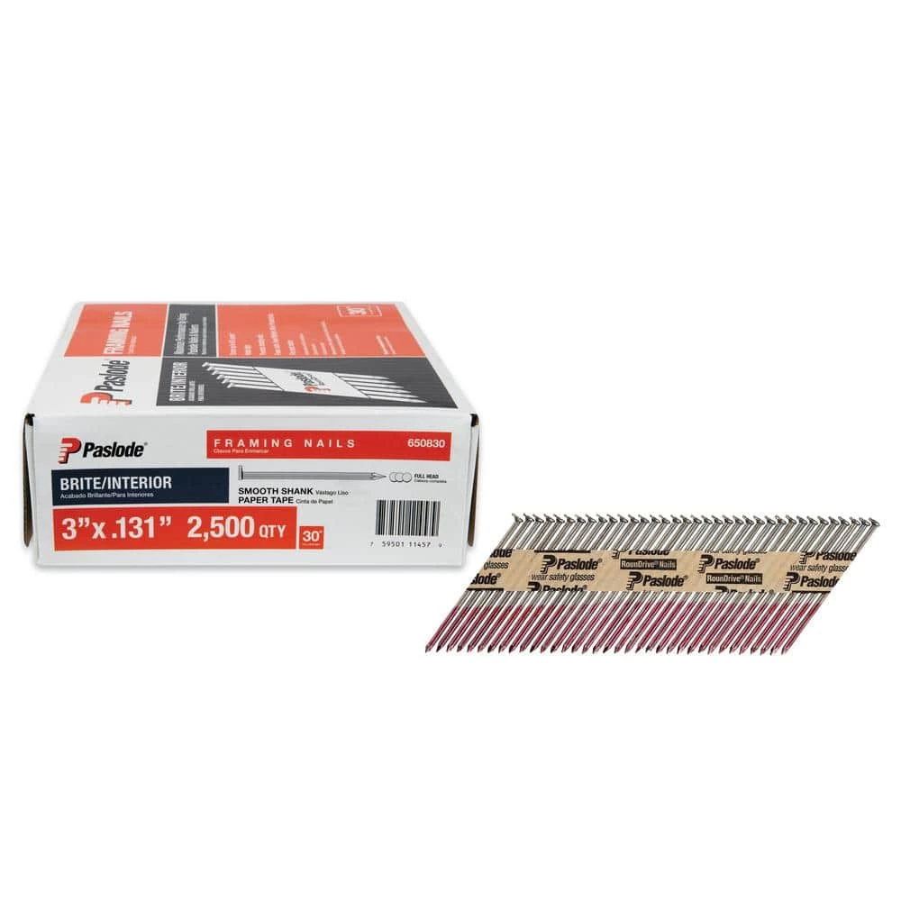 Paslode 3 in. x 0.131-Gauge 30-Degree Brite Smooth Shank Paper Tape Framing Nails (2500 per Box) 1 Paslode 3 in. x 0.131-Gauge 30-Degree Brite Smooth Shank Paper Tape Framing Nails (2500 per Box)