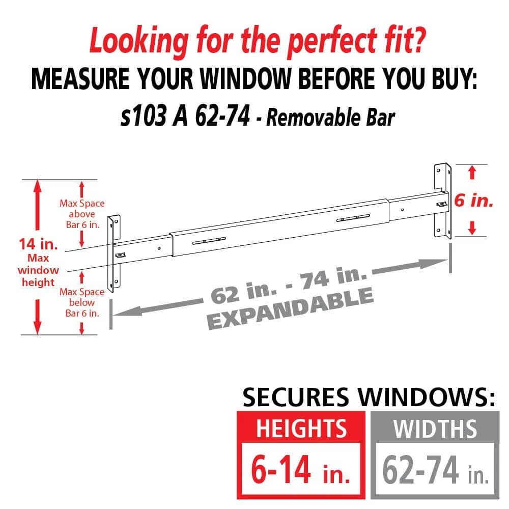 Mr. Goodbar Removable 62 in. to 74 in. W x 6 in. H Adjustable Width 1-Bar Window Guard, White 2 Mr. Goodbar Removable 62 in. to 74 in. W x 6 in. H Adjustable Width 1-Bar Window Guard, White - Image 2