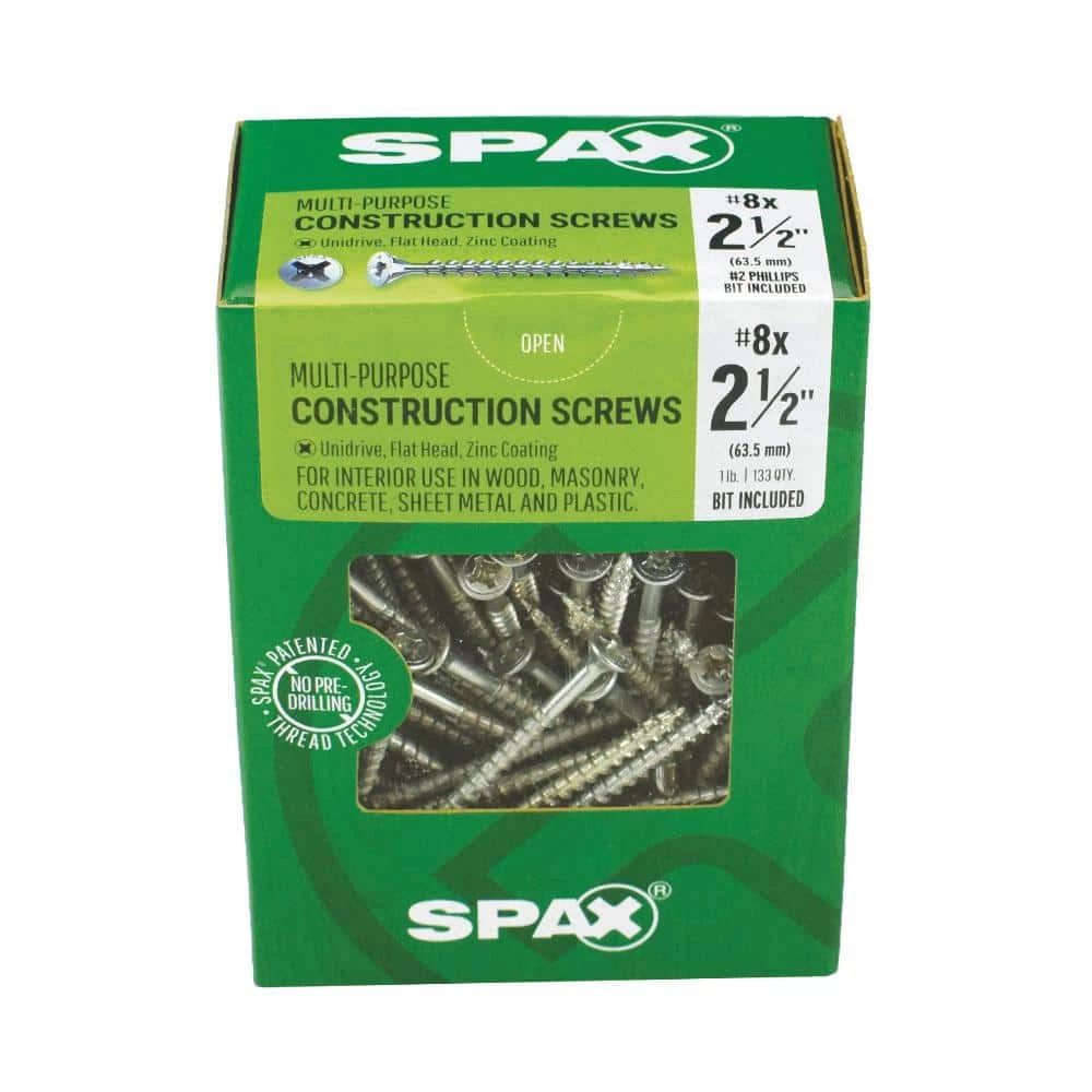 SPAX #8 x 2-1/2 in. Zinc Coated Phillips-Square Drive Flat Undercut Full Thread Multi-Purpose Screw (1 lb. Box) 2 SPAX #8 x 2-1/2 in. Zinc Coated Phillips-Square Drive Flat Undercut Full Thread Multi-Purpose Screw (1 lb. Box) - Image 2